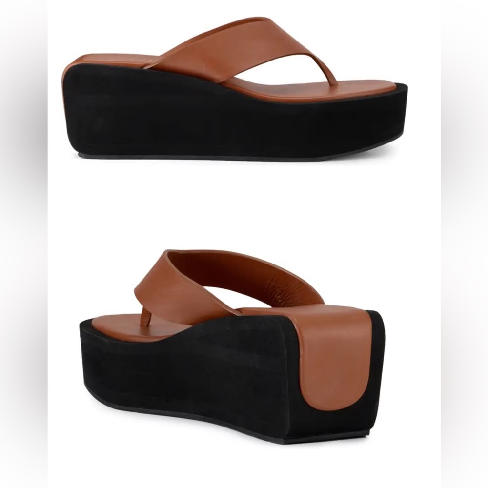 Frame Denim Brown Leather Platform Thong Sandals with Black Sole